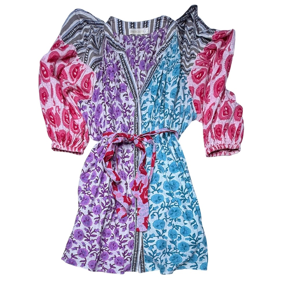 Charina Sarte Floral Paisley Multi Block Cotton Puff Sleeve Mini Dress Size M T9
